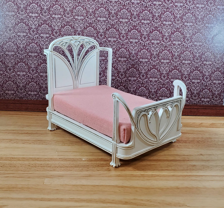 JBM Dollhouse Bed Art Nouveau Style Large 1:12 Miniature Furniture White & Gold - Miniature Crush