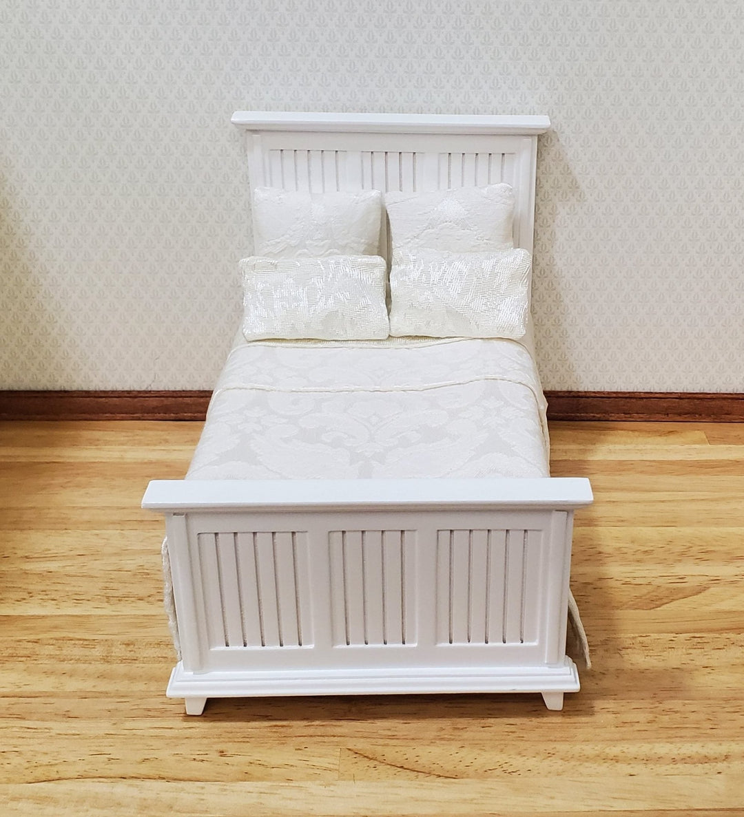 JBM Dollhouse Bed Farmhouse Country Style White 1:12 Miniature Furniture - MiniatureCrush