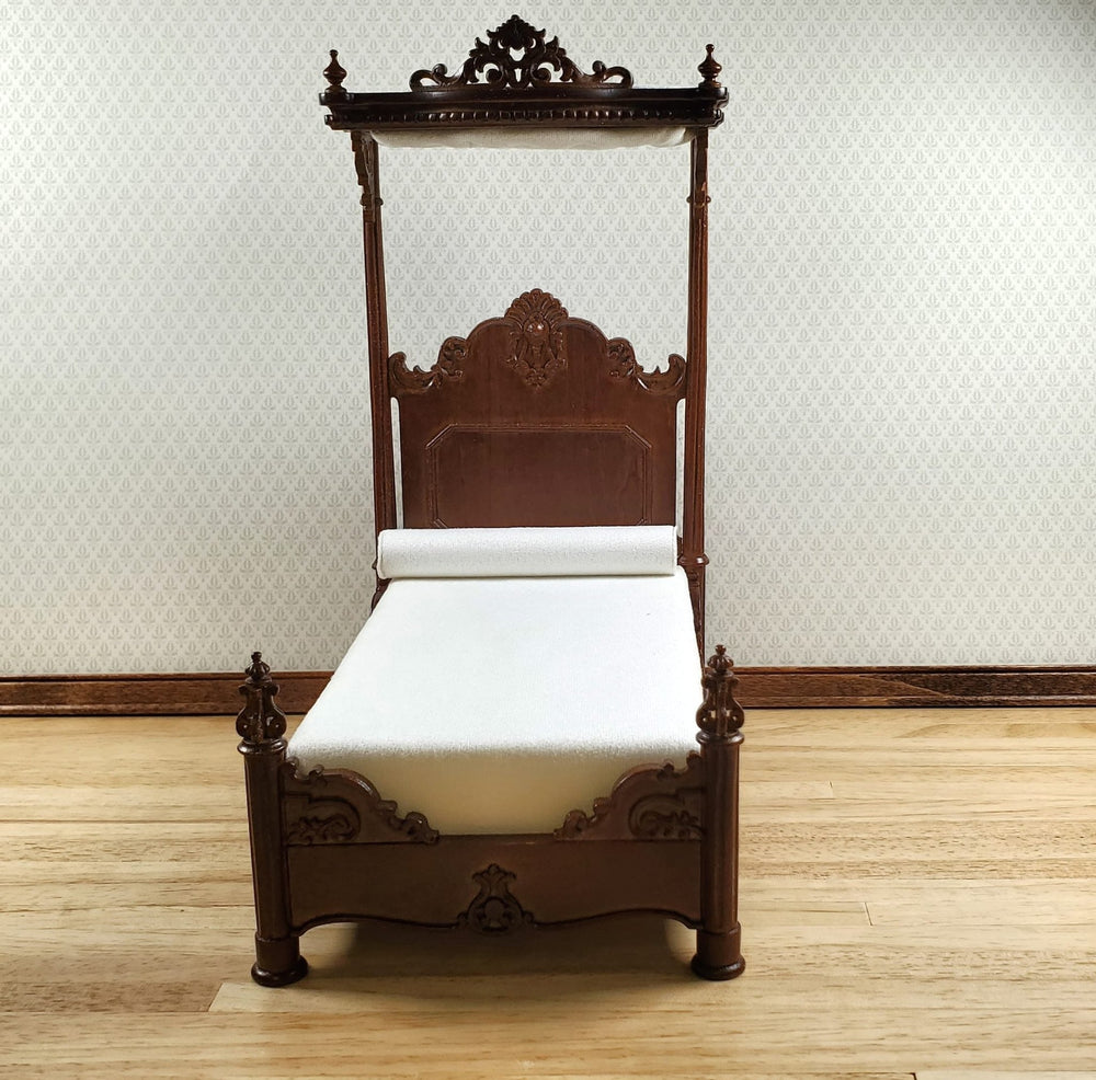 JBM Dollhouse Bed Large Victorian with Canopy 1:12 Scale Furniture Walnut Finish - MiniatureCrush