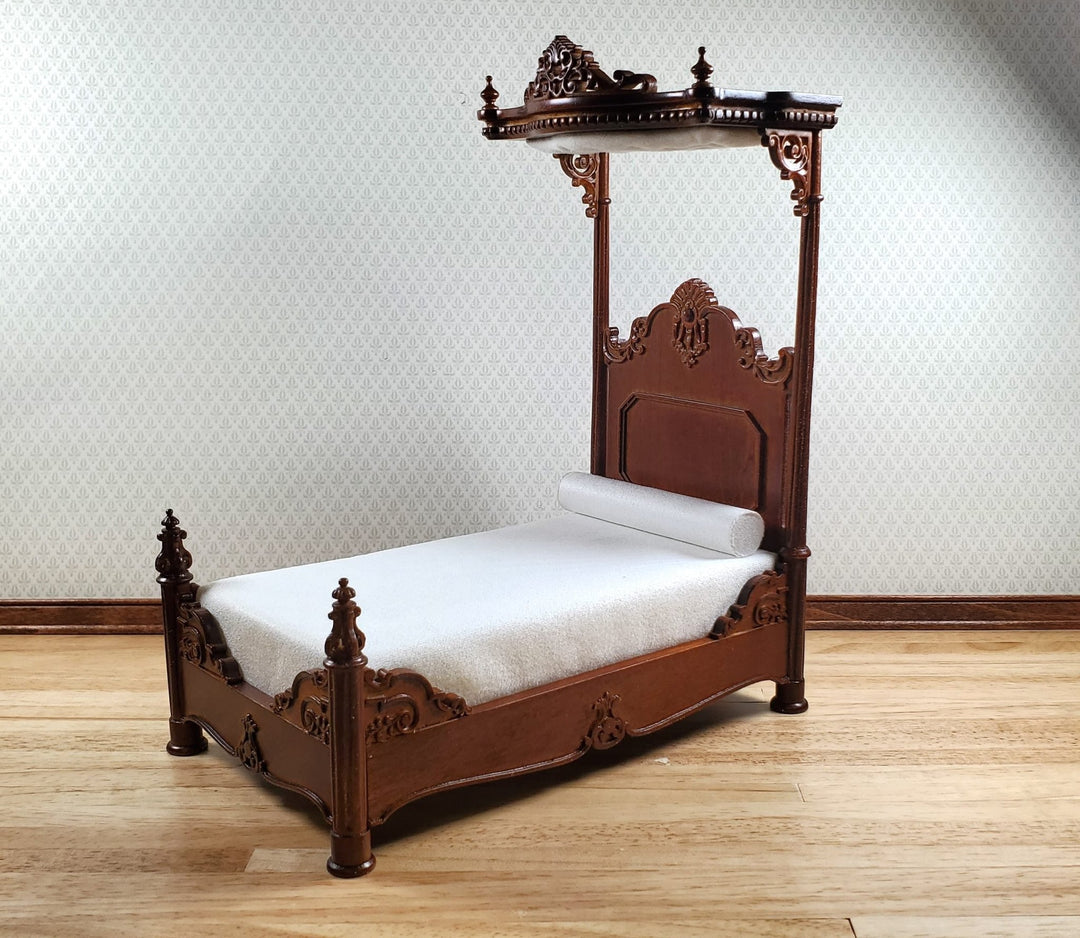 JBM Dollhouse Bed Large Victorian with Canopy 1:12 Scale Furniture Walnut Finish - MiniatureCrush