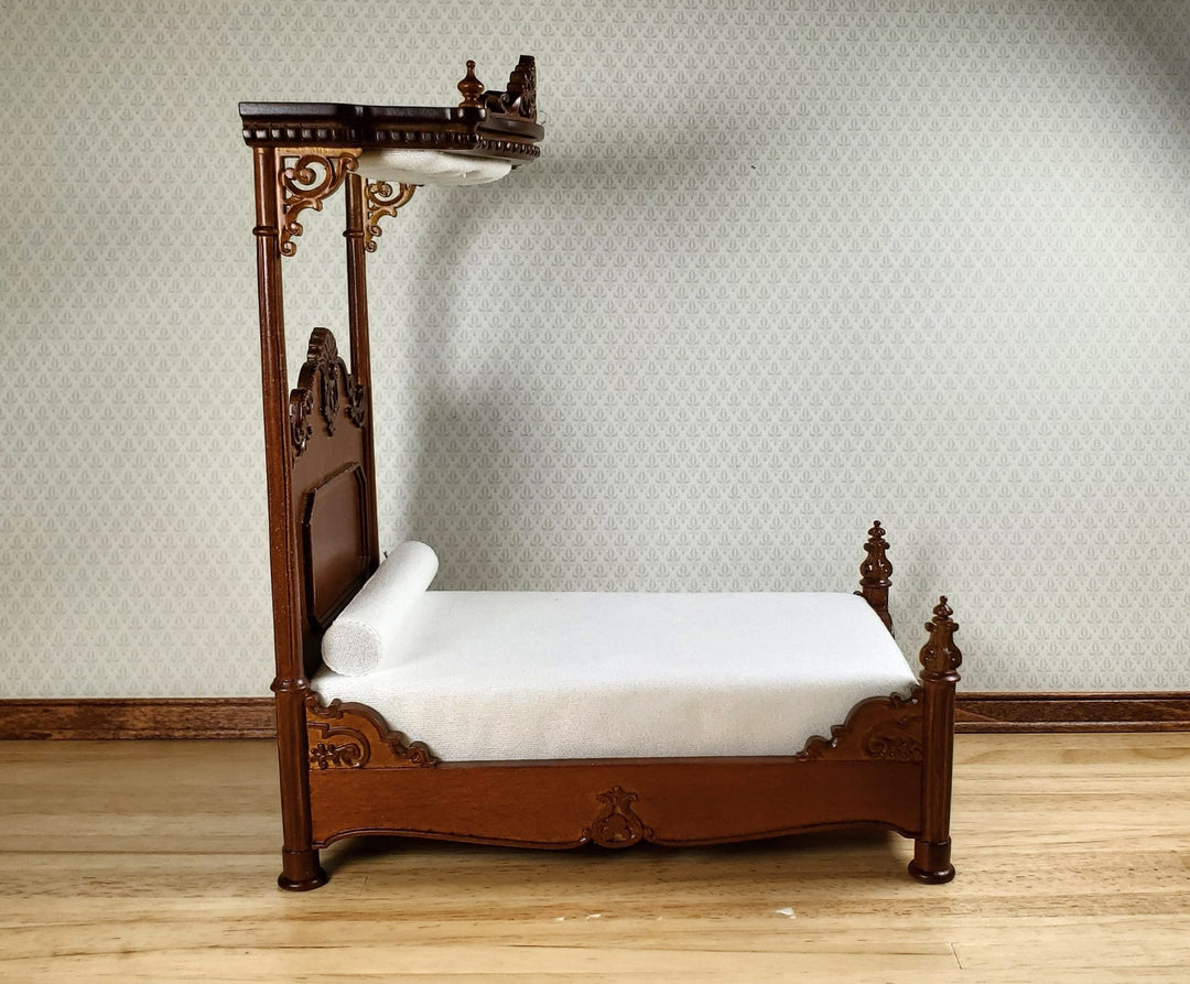 JBM Dollhouse Bed Large Victorian with Canopy 1:12 Scale Furniture Walnut Finish - MiniatureCrush
