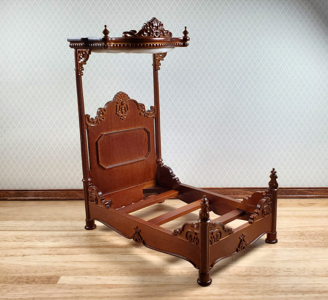 JBM Dollhouse Bed Large Victorian with Canopy 1:12 Scale Furniture Walnut Finish - MiniatureCrush