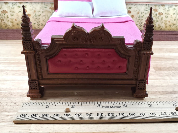 JBM Dollhouse Bed Victorian Gothic Style 1:12 Miniature Furniture Walnut Finish - Miniature Crush
