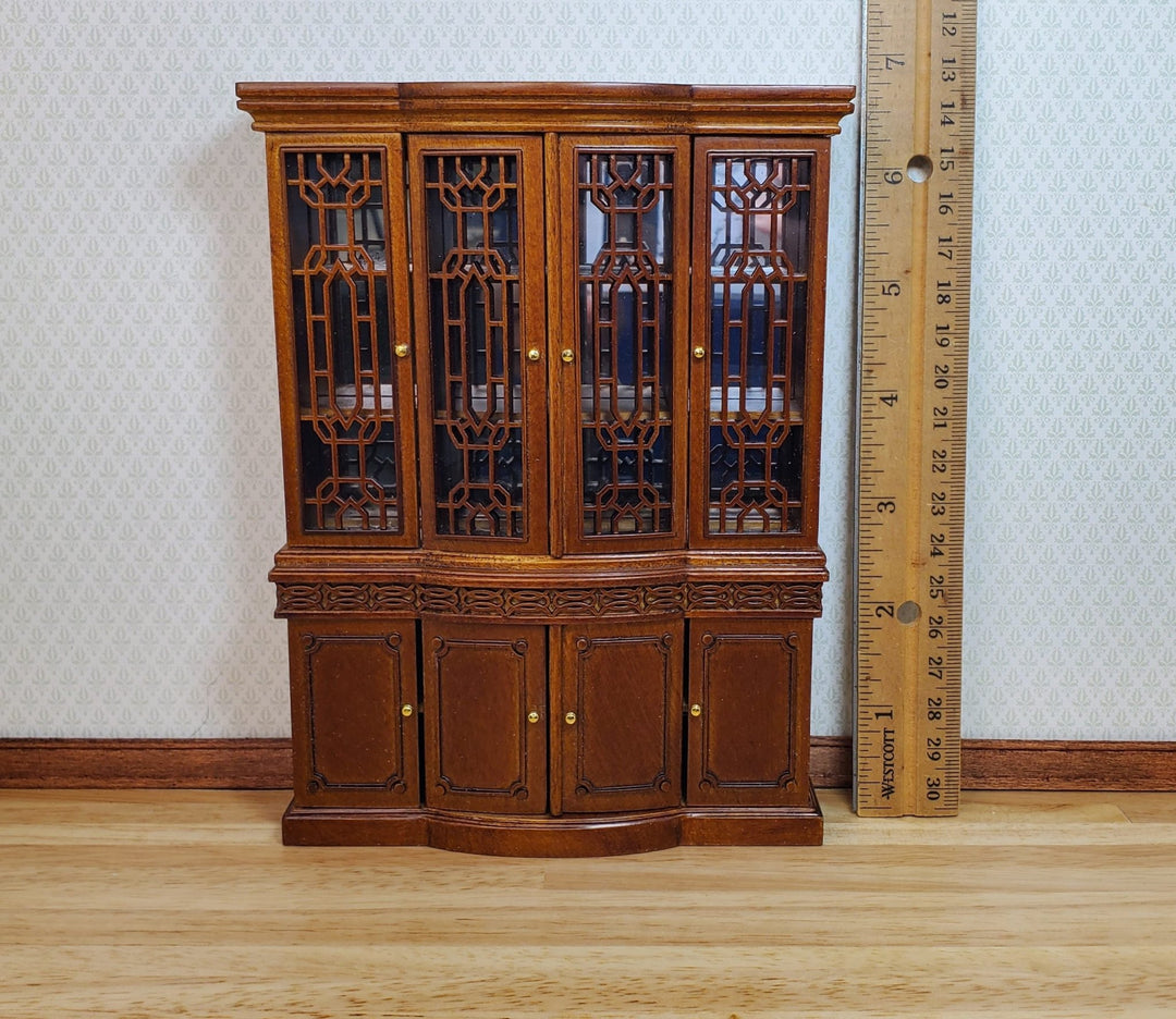 JBM Dollhouse Breakfront China Cabinet Walnut Finish 1:12 Scale Furniture - MiniatureCrush