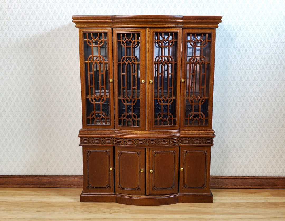 JBM Dollhouse Breakfront China Cabinet Walnut Finish 1:12 Scale Furniture - MiniatureCrush