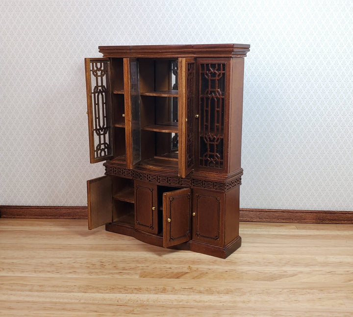 JBM Dollhouse Breakfront China Cabinet Walnut Finish 1:12 Scale Furniture - MiniatureCrush