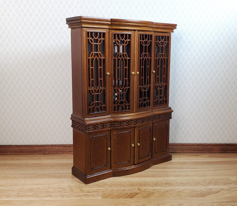 JBM Dollhouse Breakfront China Cabinet Walnut Finish 1:12 Scale Furniture - MiniatureCrush