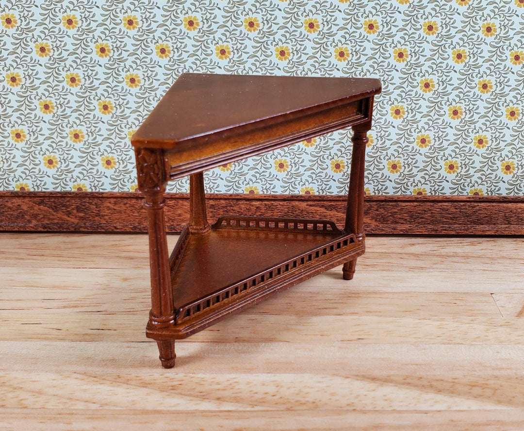 JBM Dollhouse Corner Side Table Round Walnut Finish 1:12 Scale Furniture - Miniature Crush