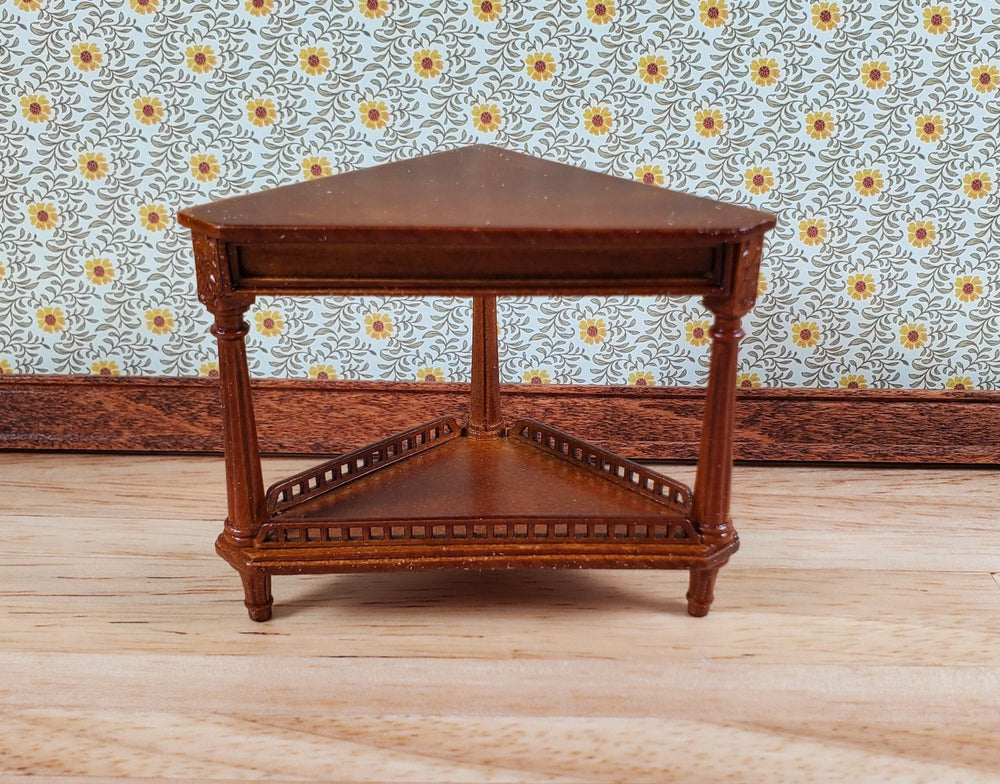 JBM Dollhouse Corner Side Table Round Walnut Finish 1:12 Scale Furniture - Miniature Crush