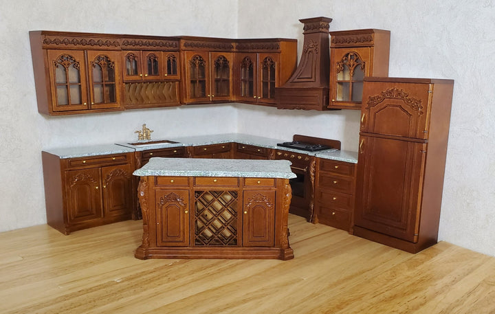 JBM Dollhouse Deluxe Kitchen Set 12 Pcs Stove Sink Cupboards Fridge Walnut 1:12 - MiniatureCrush