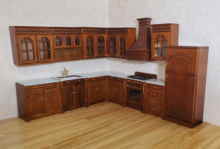 JBM Dollhouse Deluxe Kitchen Set 12 Pcs Stove Sink Cupboards Fridge Walnut 1:12 - MiniatureCrush