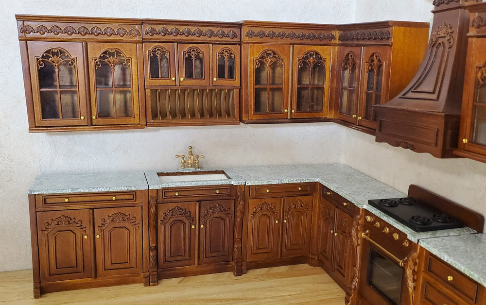 JBM Dollhouse Deluxe Kitchen Set 12 Pcs Stove Sink Cupboards Fridge Walnut 1:12 - MiniatureCrush
