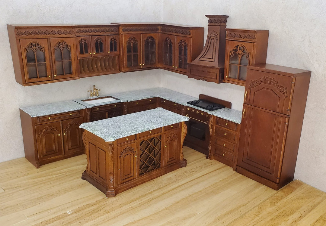 JBM Dollhouse Deluxe Kitchen Set 12 Pcs Stove Sink Cupboards Fridge Walnut 1:12 - MiniatureCrush