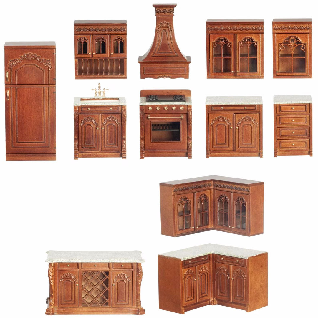JBM Dollhouse Deluxe Kitchen Set 12 Pcs Stove Sink Cupboards Fridge Walnut 1:12 - MiniatureCrush