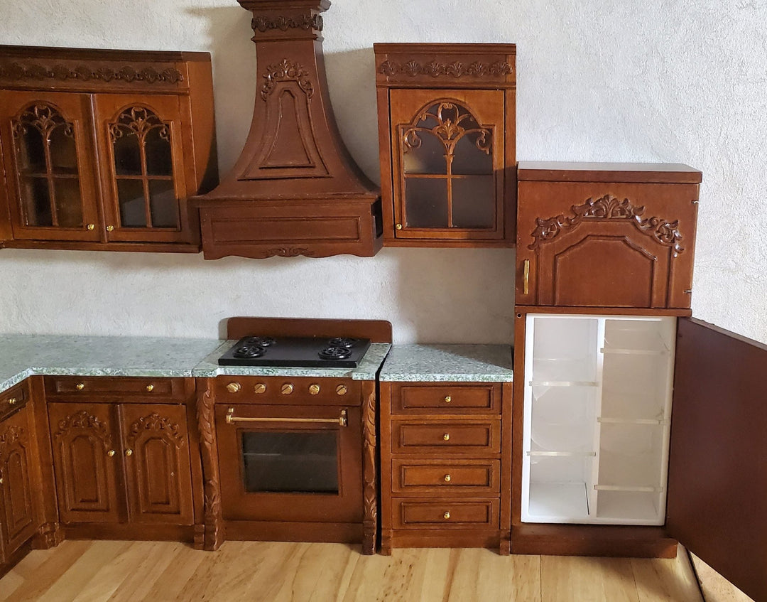 JBM Dollhouse Deluxe Kitchen Set 12 Pcs Stove Sink Cupboards Fridge Walnut 1:12 - MiniatureCrush