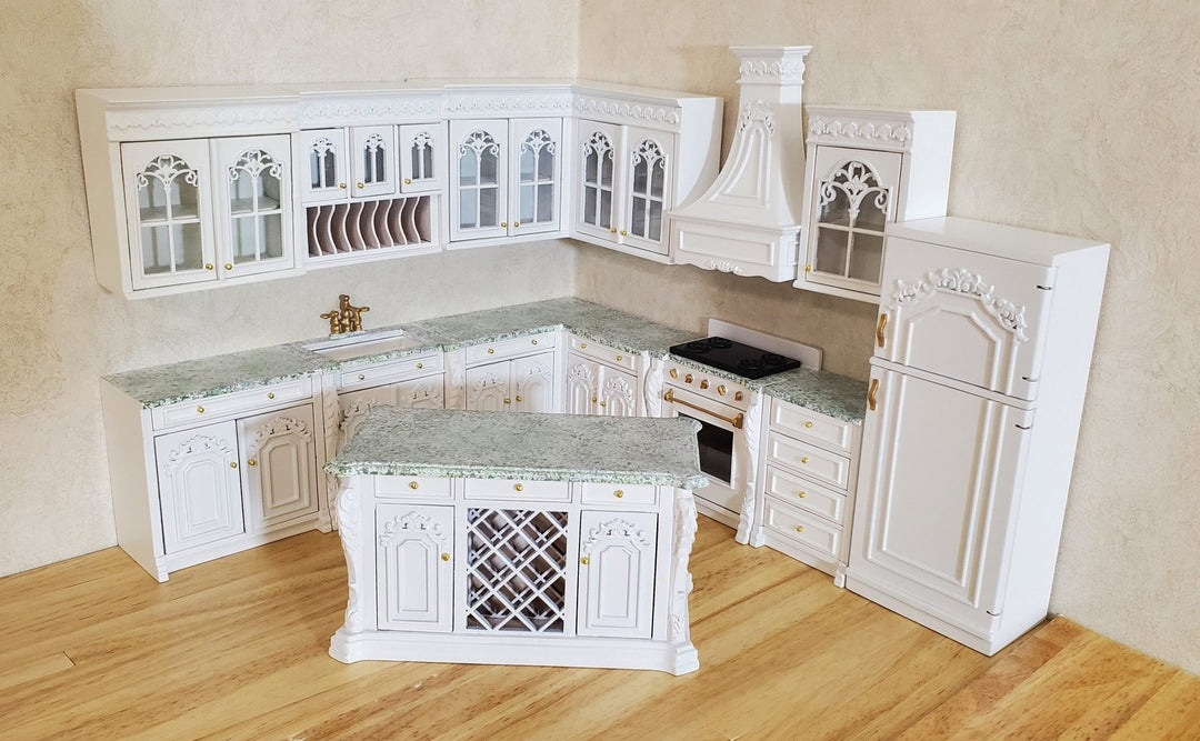 JBM Dollhouse Deluxe Kitchen Set 12 Pcs Stove Sink Cupboards Fridge White 1:12 - MiniatureCrush