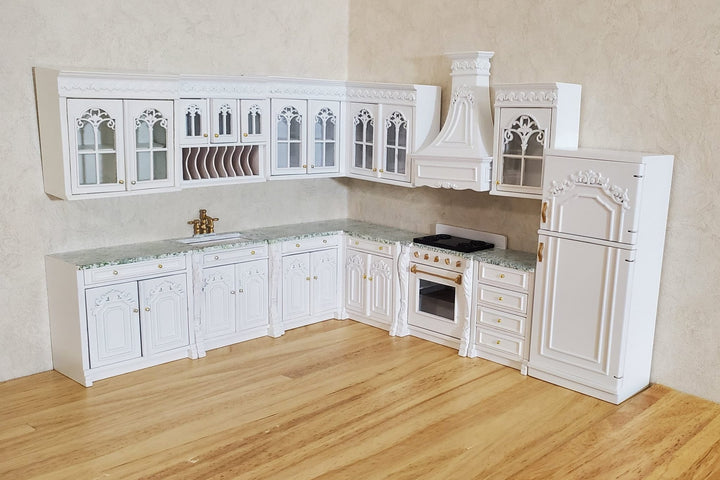 JBM Dollhouse Deluxe Kitchen Set 12 Pcs Stove Sink Cupboards Fridge White 1:12 - MiniatureCrush