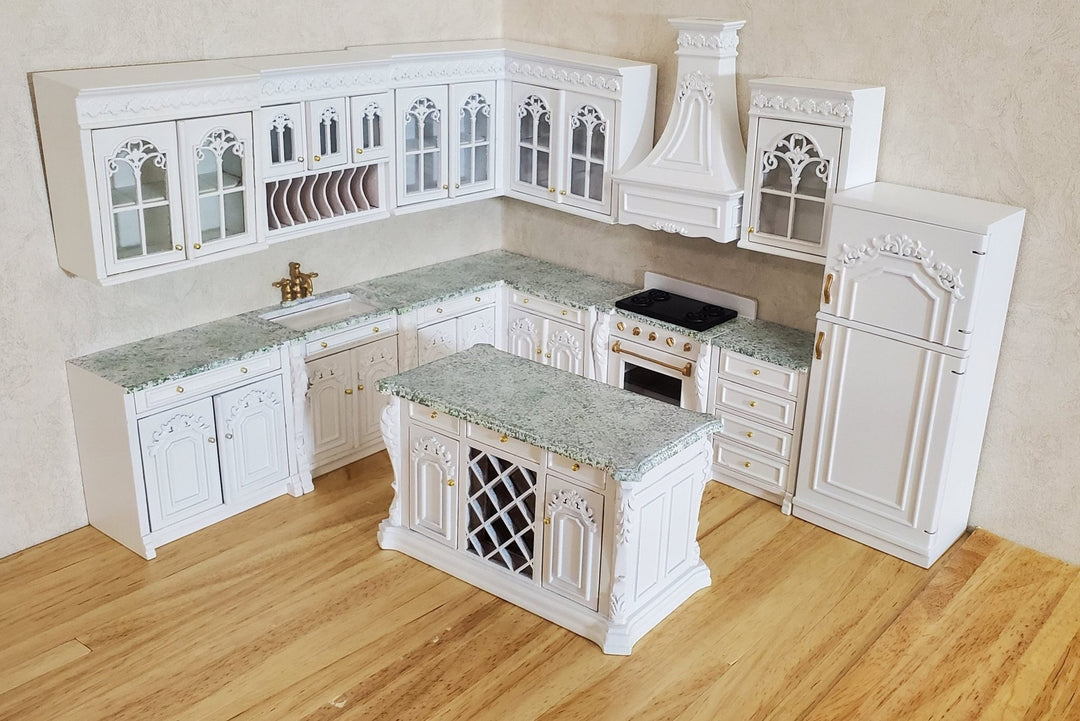 JBM Dollhouse Deluxe Kitchen Set 12 Pcs Stove Sink Cupboards Fridge White 1:12 - MiniatureCrush