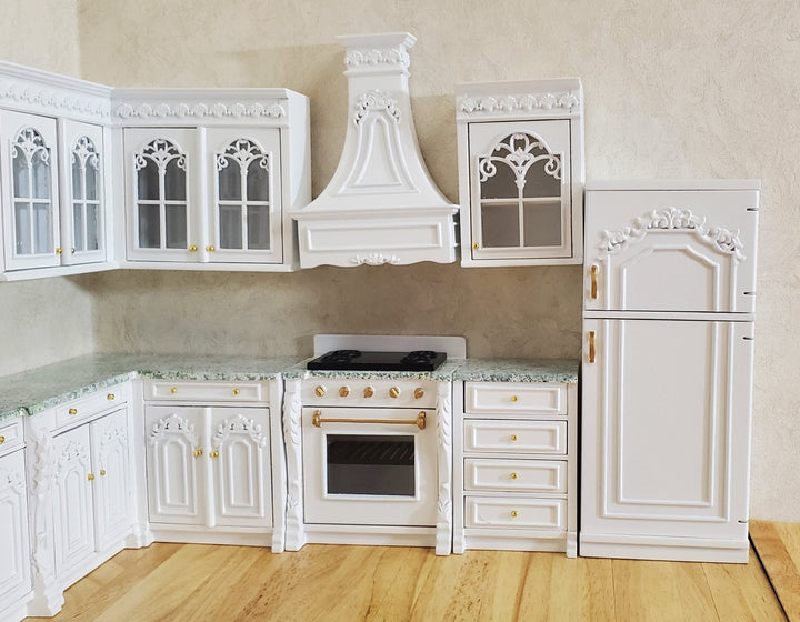 JBM Dollhouse Deluxe Kitchen Set 12 Pcs Stove Sink Cupboards Fridge White 1:12 - MiniatureCrush