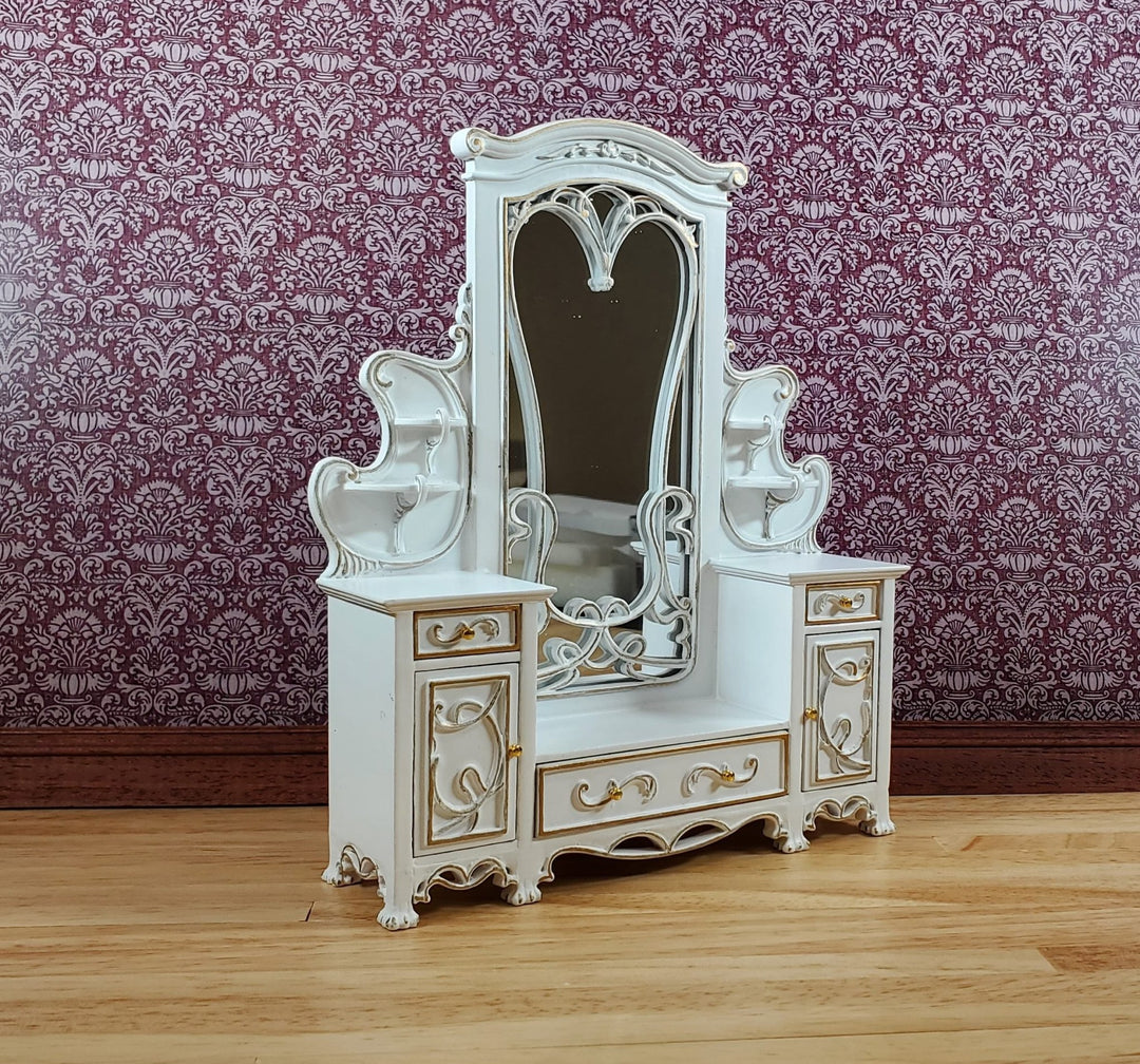 JBM Dollhouse Dressing Table with Mirror Art Nouveau Style 1:12 Scale White Gold - Miniature Crush