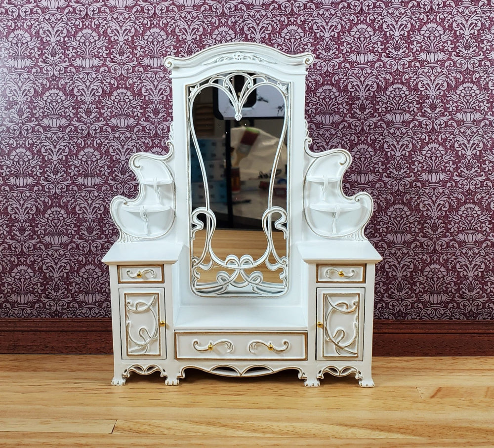 JBM Dollhouse Dressing Table with Mirror Art Nouveau Style 1:12 Scale White Gold - Miniature Crush