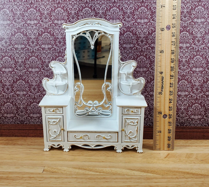 JBM Dollhouse Dressing Table with Mirror Art Nouveau Style 1:12 Scale White Gold - Miniature Crush