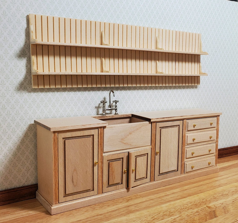 JBM Dollhouse Kitchen Sink & Plate Shelf Farmhouse Style Unfinished 1:12 Scale - MiniatureCrush