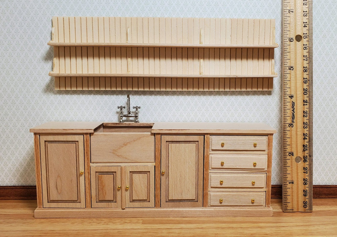 JBM Dollhouse Kitchen Sink & Plate Shelf Farmhouse Style Unfinished 1:12 Scale - MiniatureCrush