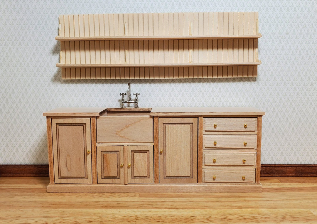 JBM Dollhouse Kitchen Sink & Plate Shelf Farmhouse Style Unfinished 1:12 Scale - MiniatureCrush