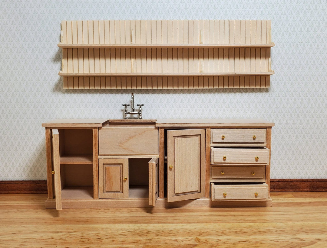 JBM Dollhouse Kitchen Sink & Plate Shelf Farmhouse Style Unfinished 1:12 Scale - MiniatureCrush