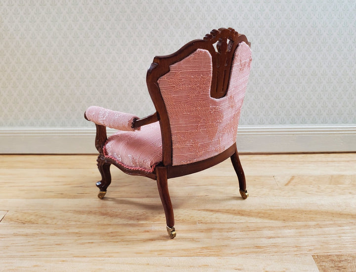 JBM Dollhouse Pink Arm Chair Victorian Style Walnut Finish 1:12 Scale - MiniatureCrush