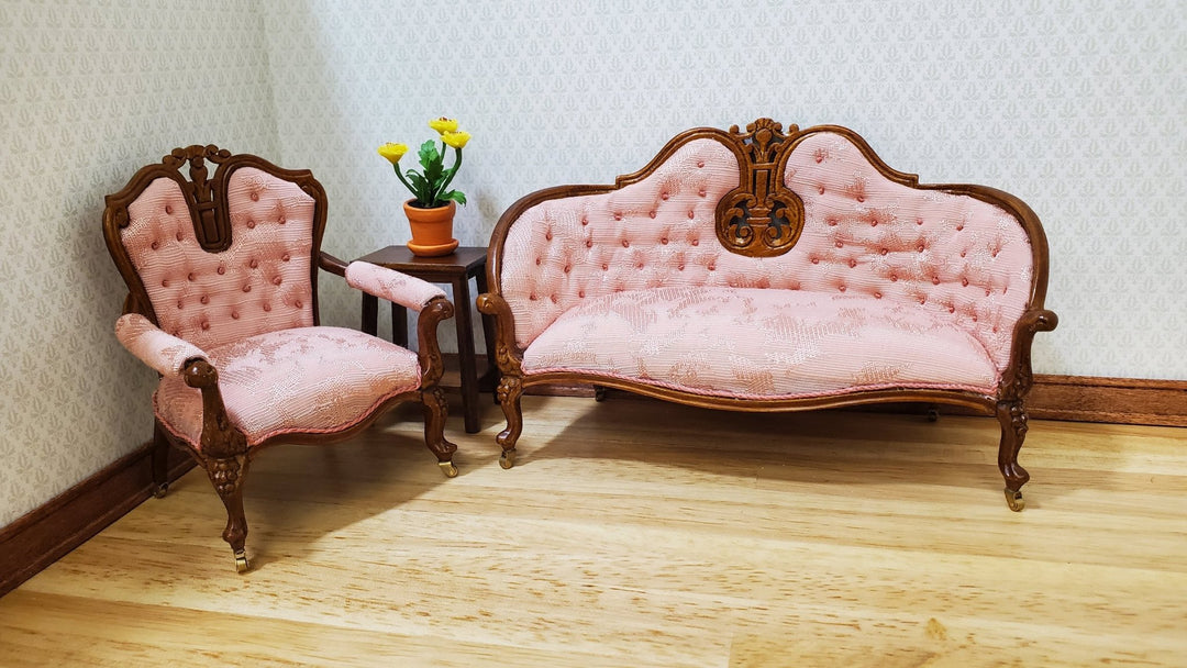 JBM Dollhouse Pink Arm Chair Victorian Style Walnut Finish 1:12 Scale - MiniatureCrush