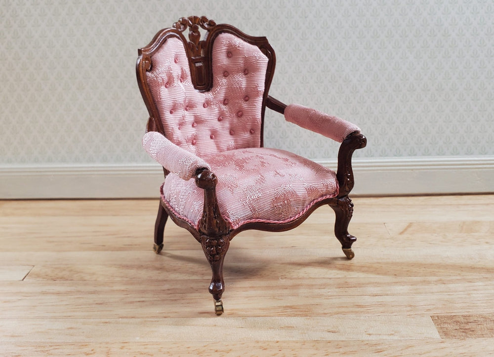 JBM Dollhouse Pink Arm Chair Victorian Style Walnut Finish 1:12 Scale - MiniatureCrush