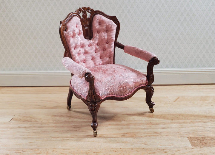 JBM Dollhouse Pink Arm Chair Victorian Style Walnut Finish 1:12 Scale - MiniatureCrush