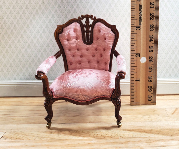 JBM Dollhouse Pink Arm Chair Victorian Style Walnut Finish 1:12 Scale - MiniatureCrush
