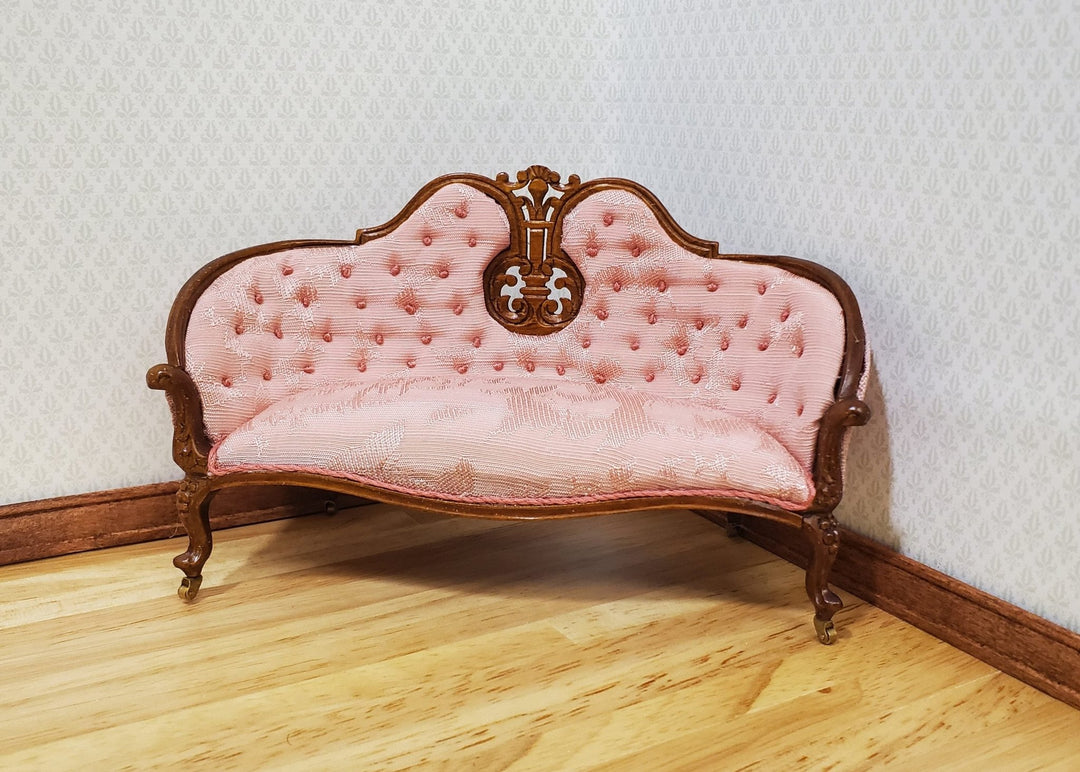 JBM Dollhouse Pink Settee Sofa Victorian Style Walnut Finish 1:12 Scale Couch - MiniatureCrush