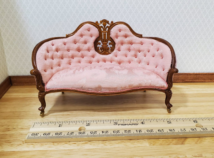 JBM Dollhouse Pink Settee Sofa Victorian Style Walnut Finish 1:12 Scale Couch - MiniatureCrush