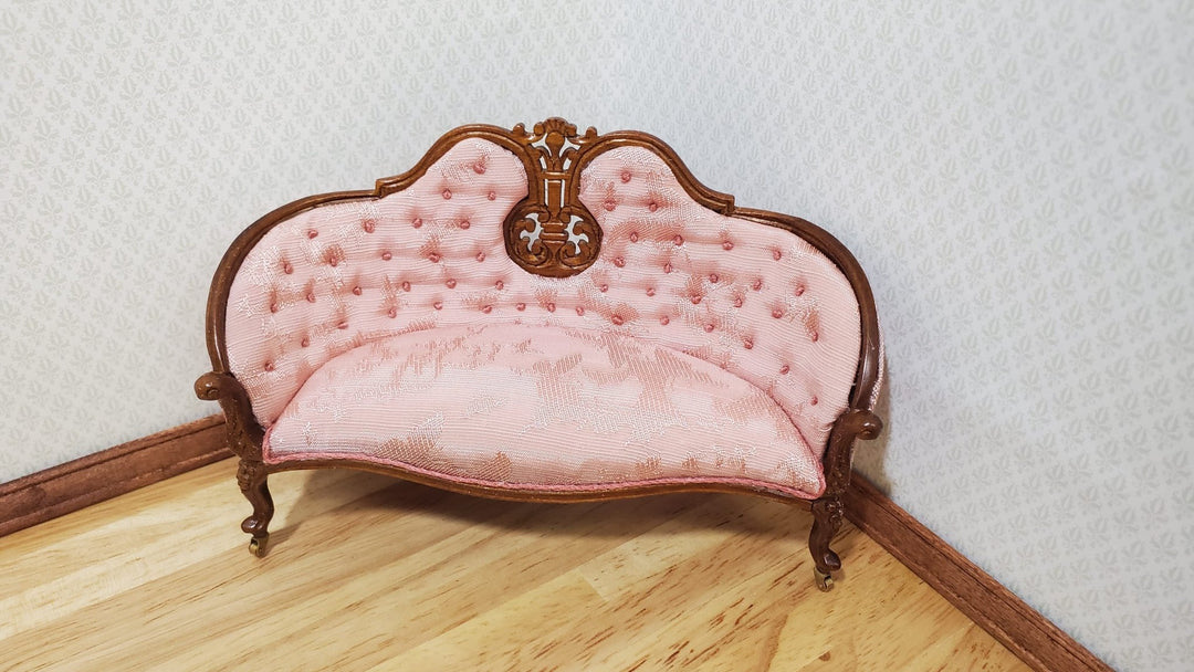 JBM Dollhouse Pink Settee Sofa Victorian Style Walnut Finish 1:12 Scale Couch - MiniatureCrush