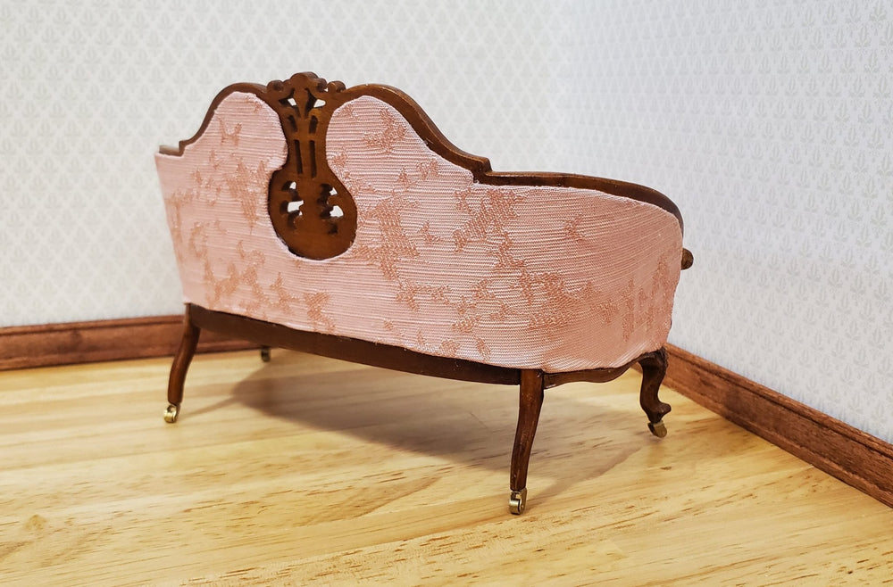 JBM Dollhouse Pink Settee Sofa Victorian Style Walnut Finish 1:12 Scale Couch - MiniatureCrush