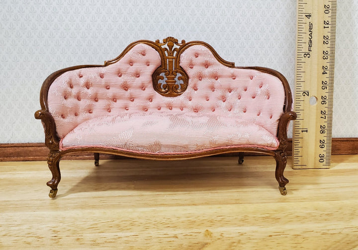 JBM Dollhouse Pink Settee Sofa Victorian Style Walnut Finish 1:12 Scale Couch - MiniatureCrush