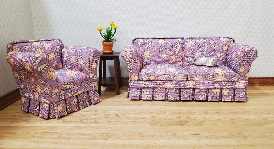 JBM Dollhouse Sofa Couch Purple Floral Modern Style 1:12 Scale Furniture - MiniatureCrush