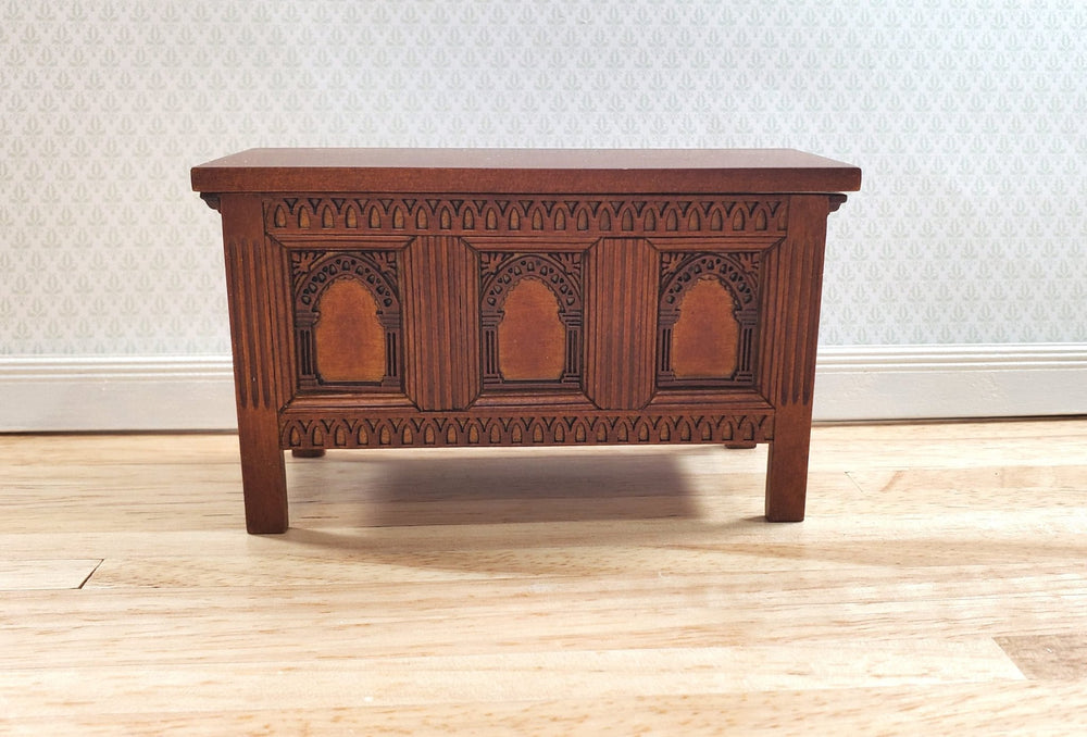 JBM Dollhouse Trunk Chest Tudor Gothic Style Walnut Finish 1:12 Scale Miniature - MiniatureCrush