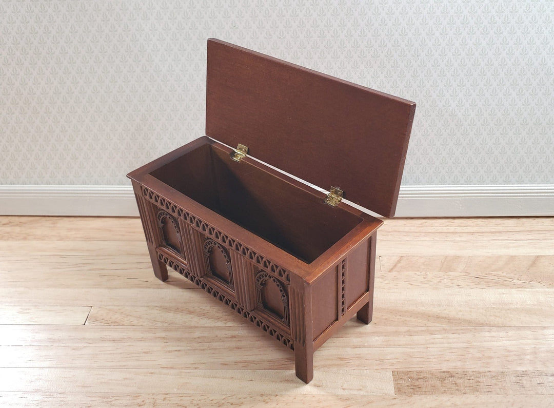 JBM Dollhouse Trunk Chest Tudor Gothic Style Walnut Finish 1:12 Scale Miniature - MiniatureCrush