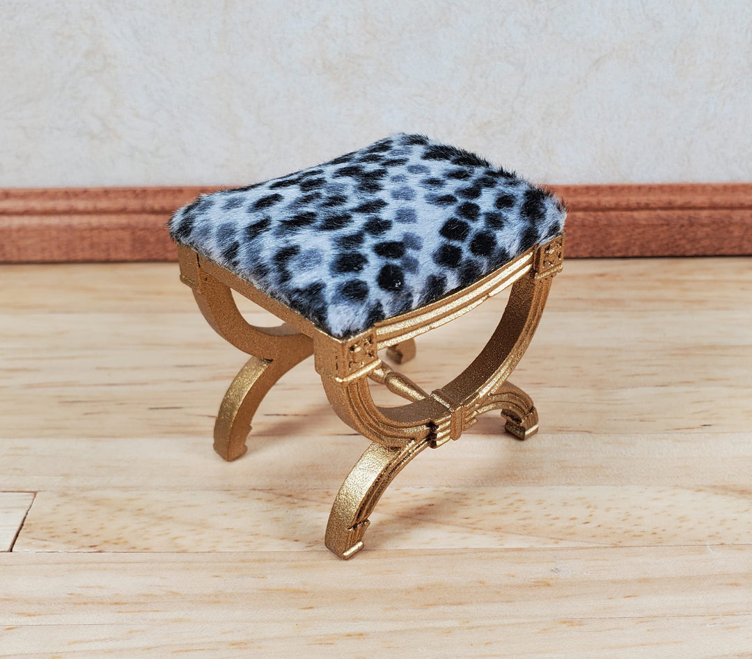 JBM Dollhouse Vanity Stool Bench Wood Animal Print Seat 1:12 Scale Miniature Furniture - MiniatureCrush