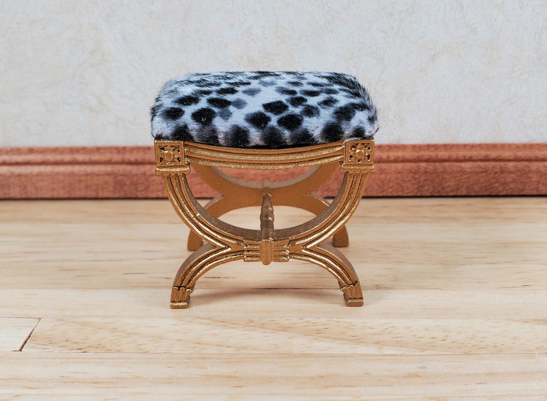 JBM Dollhouse Vanity Stool Bench Wood Animal Print Seat 1:12 Scale Miniature Furniture - MiniatureCrush