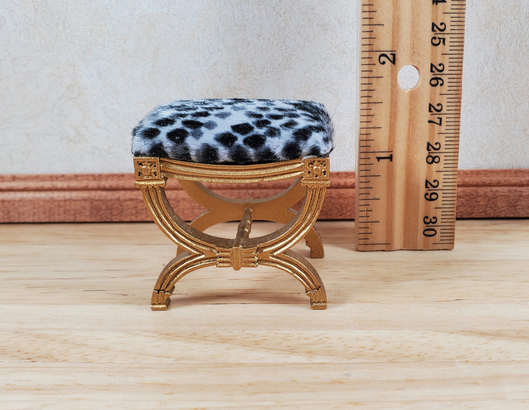 JBM Dollhouse Vanity Stool Bench Wood Animal Print Seat 1:12 Scale Miniature Furniture - MiniatureCrush