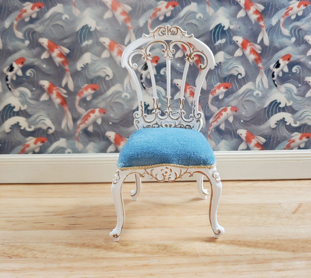 JBM Dollhouse Victorian Dressing Chair White Gold Blue 1:12 Scale Furniture - MiniatureCrush