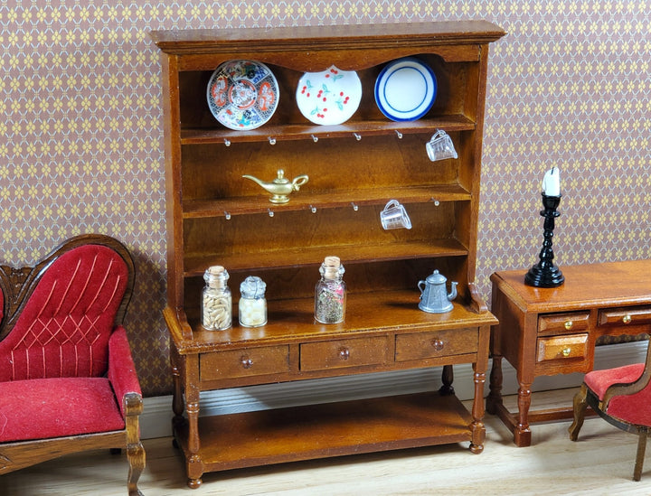 JBM Dollhouse Welsh Cabinet Hutch 1:12 Scale Miniature Furniture Walnut Finish - MiniatureCrush