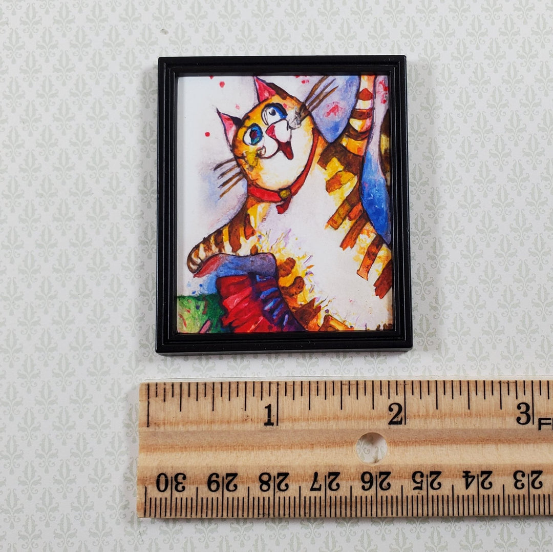 Miniature Dancing Cat Print White Frame Original Art 1:12 Scale Dollhouse Modern Fun - Miniature Crush