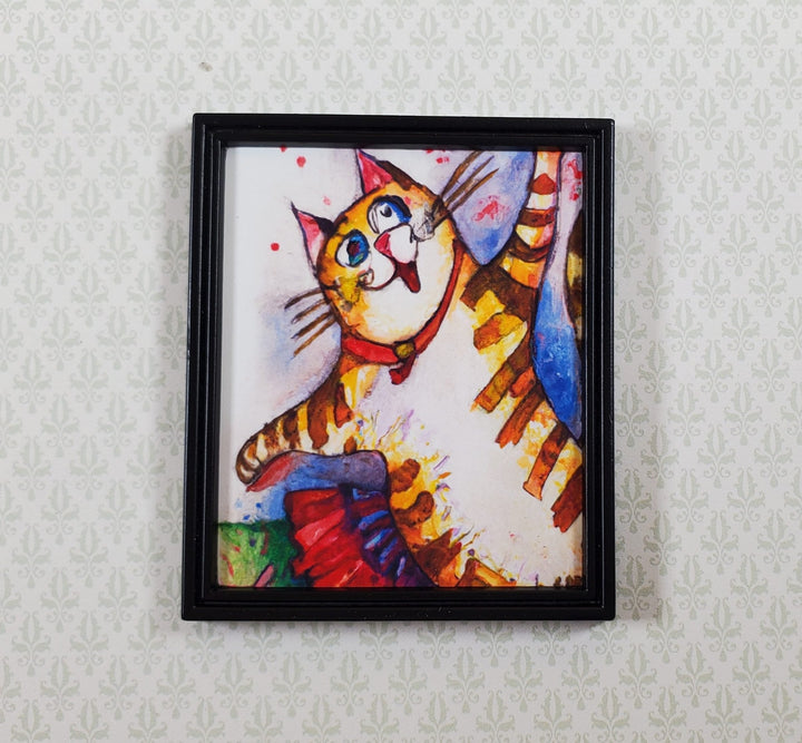 Miniature Dancing Cat Print White Frame Original Art 1:12 Scale Dollhouse Modern Fun - Miniature Crush